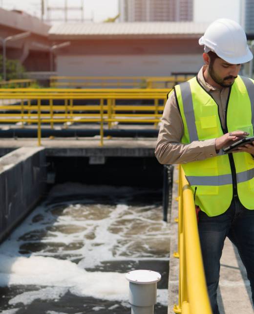 service engineer  checking on waste water treatment plant with p